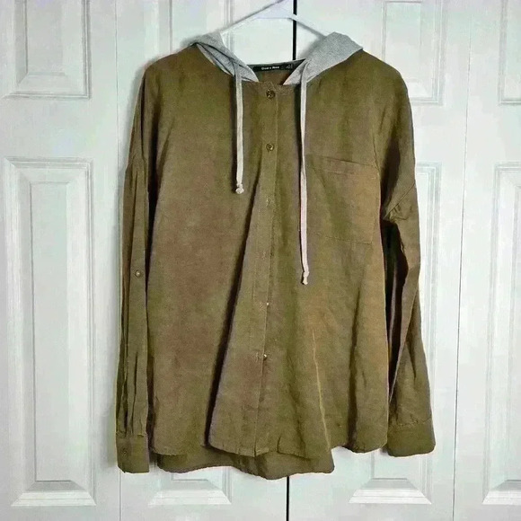 Doe & Rae Olive Green Botton Up Shirt With Grey Attached Hood Size Large - Picture 1 of 8